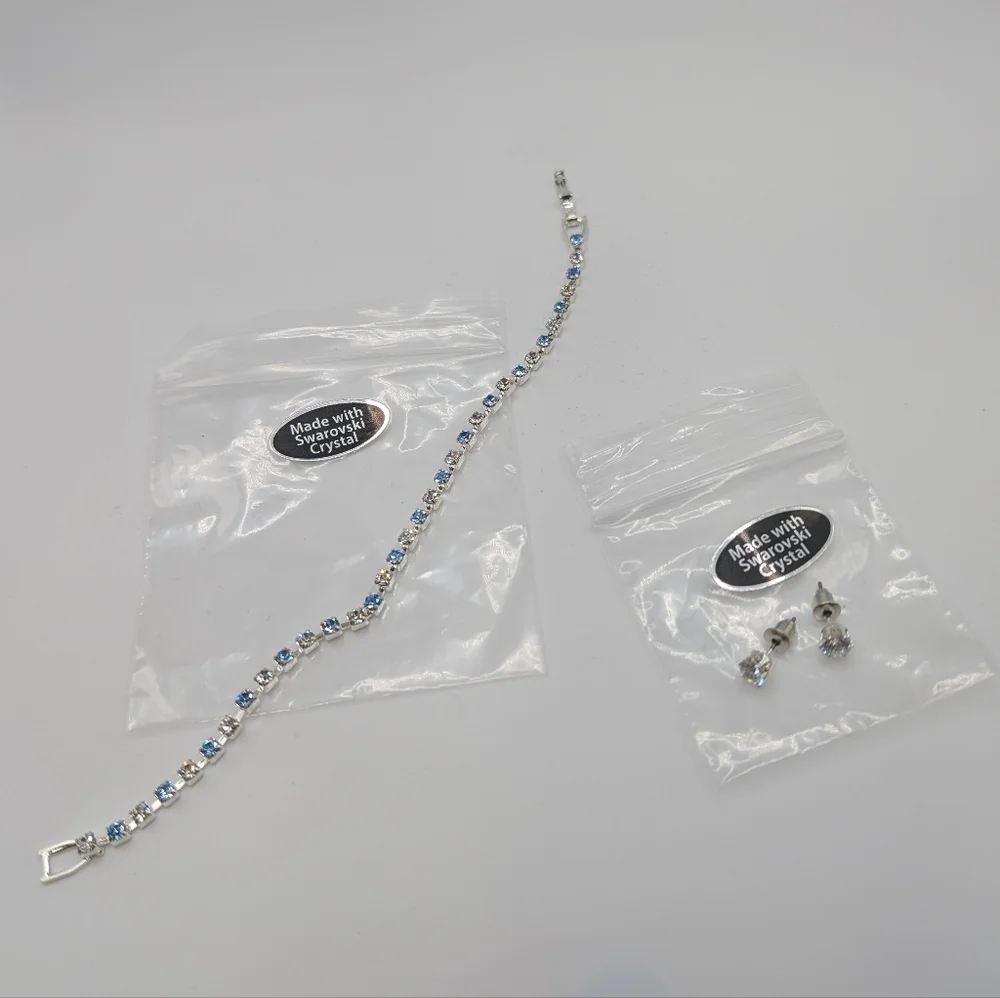 Elegant Silver and Blue Bracelet and Earring Set Made w/ Swarovski Crystals - Picture 7 of 8